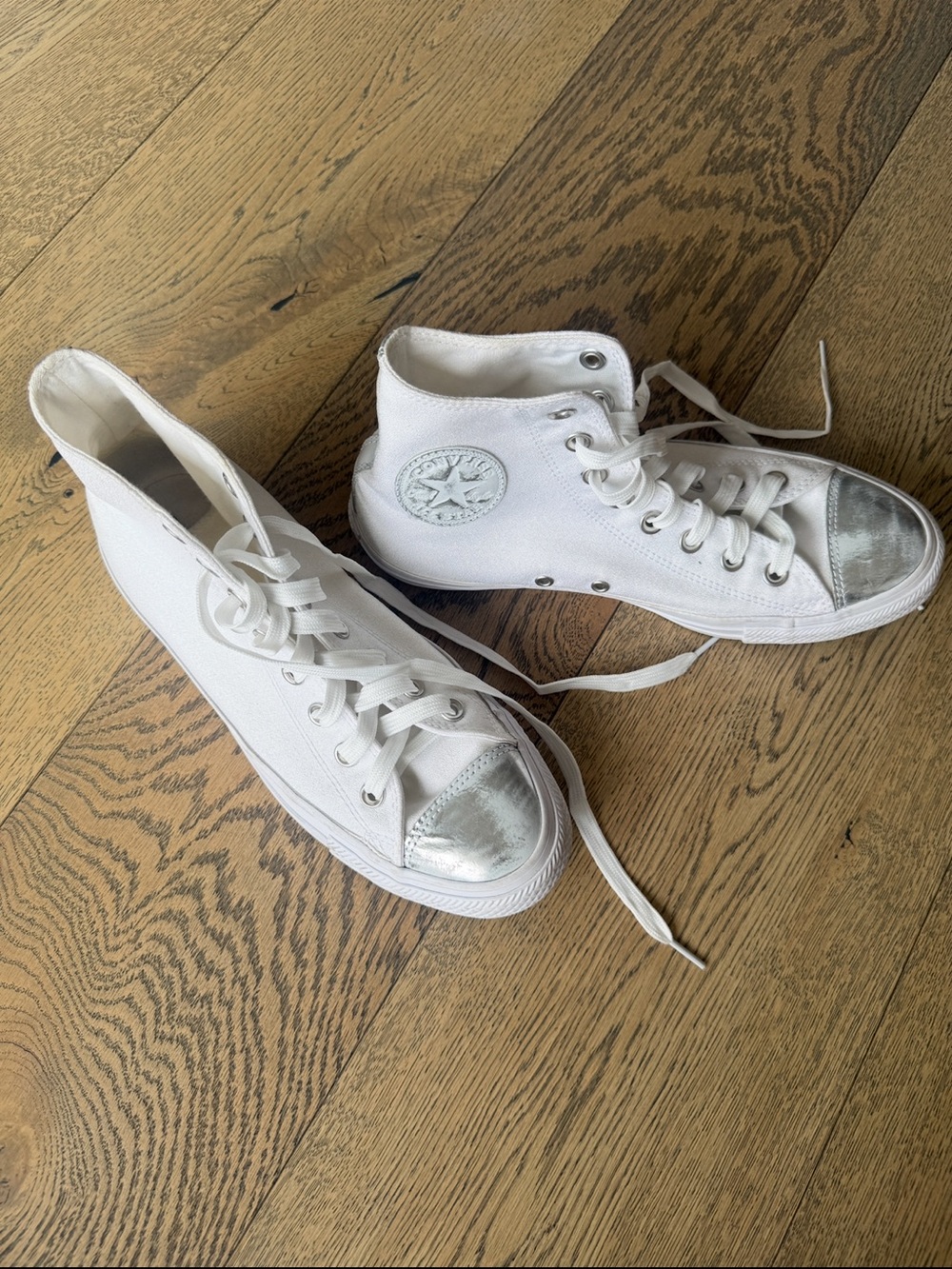 Converse Chuck Taylor All Star White + Metallic Silver High Tops | Size 9